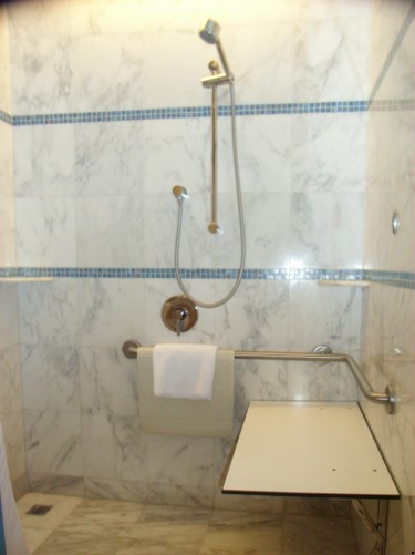 淋浴間設有扶手、手提淋浴水龍頭、及活動板椅。